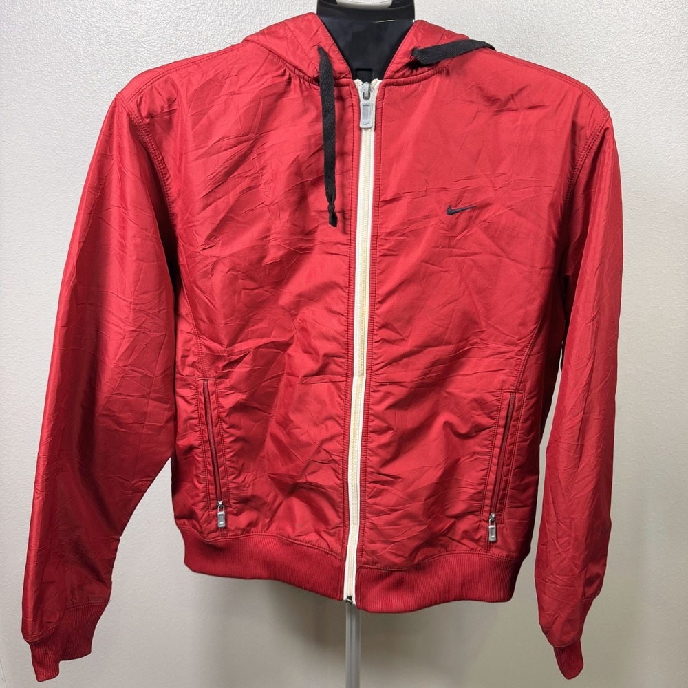 VTG Nike Insulated Windbreaker Jacket Kids Medium Red Fleece Lined Hooded Zip-Up